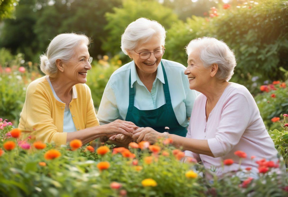 A warm and inviting scene of diverse seniors engaging joyfully in a community garden, surrounded by vibrant flowers and green plants. Include caregivers interacting compassionately, sharing smiles and laughter, with golden sunlight illuminating the scene. Showcase elements of connection, support, and nurturing among the elderly, with an emphasis on happiness and well-being. Soft colors and gentle textures enhance the warmth of the atmosphere. super-realistic. vibrant colors. soft focus.