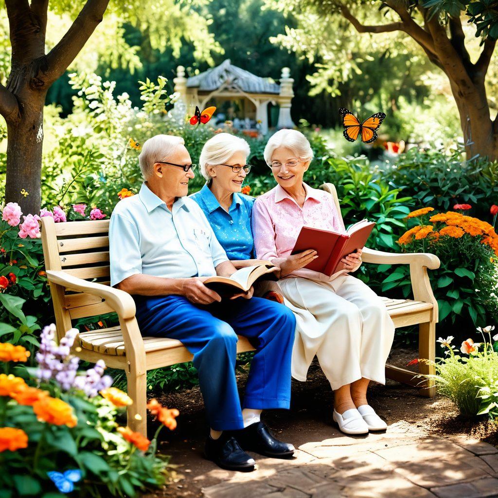 A serene elderly couple enjoying a sunny garden, surrounded by blooming flowers and gentle butterflies, depicting the joy and beauty of aging. Include elements like a cozy bench, soft sunlight filtering through the trees, and a book on their lap representing knowledge and resources. Capture their peaceful expressions and the vibrant greenery around them. super-realistic. vibrant colors. warm tones.
