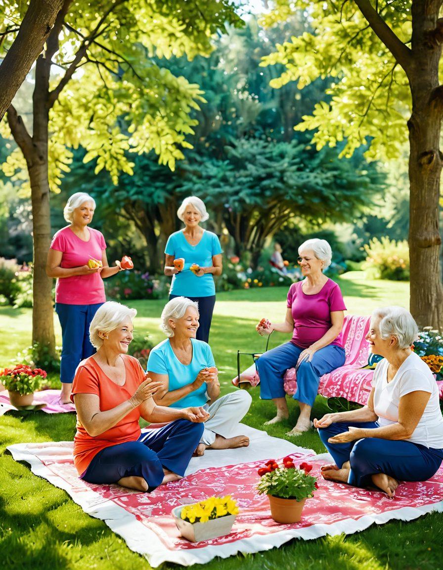 A serene park scene featuring a diverse group of joyful seniors engaged in various activities like gardening, yoga, and painting together. The atmosphere is filled with bright flowers and sunlight filtering through tall trees, symbolizing a vibrant and active lifestyle. Include a cozy seating area with colorful blankets and snacks, reflecting community and wellness. This image captures the essence of a joyful retirement life. super-realistic. vibrant colors. natural setting.